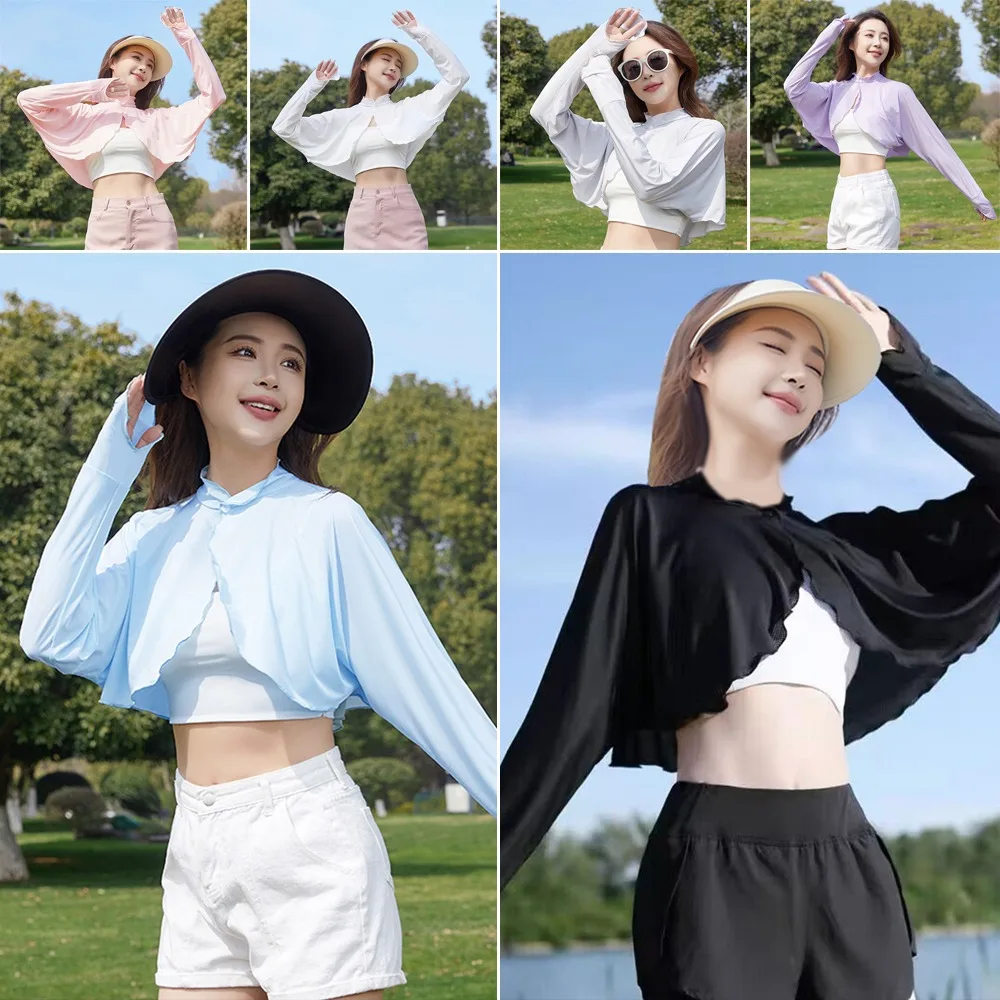 New Casual Women's Sunscreen Shawl Solid Color Breathable Sunscreen Capes Long-sleeve Ice Silk Thin Coat Summer Outdoor