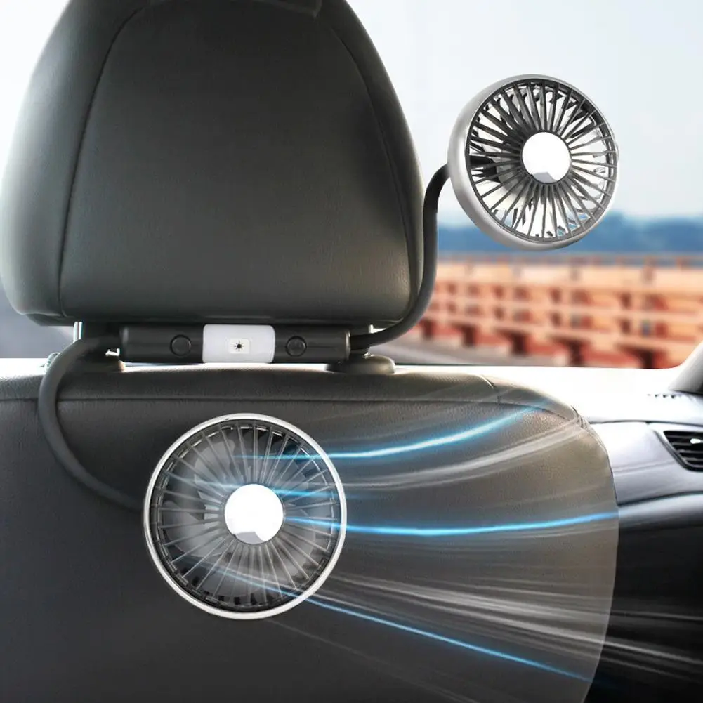 Dual Head Car USB Fan 360° Rotatable Rear Seat Passenger Cooling Fan 3-Speed Adjustable Air Conditioner Auto Ventilation CarFan