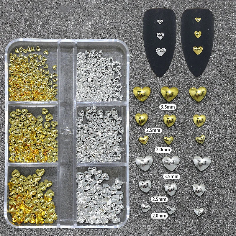 6Grids 3D Metal Heart Nail Art Charms Gold/Silver Starlight Rivets Nails Decorations Y2K Manicure Accessories Nail Parts Jewelry