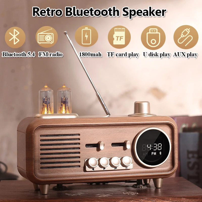 Wireless Retro Bluetooth Speaker Portable Vintage Bluetooth Soundbar FM Radio with Ambient Light Time Display Support TF USB AUX