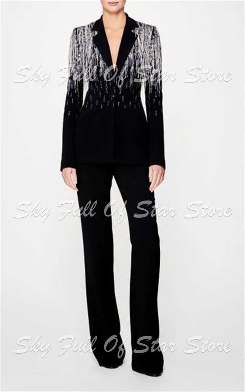 Black Gradient Fringe Rhinestone Women Suit Set 2 Pcs Slim Blazer+Flare Pants Luxury Formal Evening Wedding Guest Lady Jacket