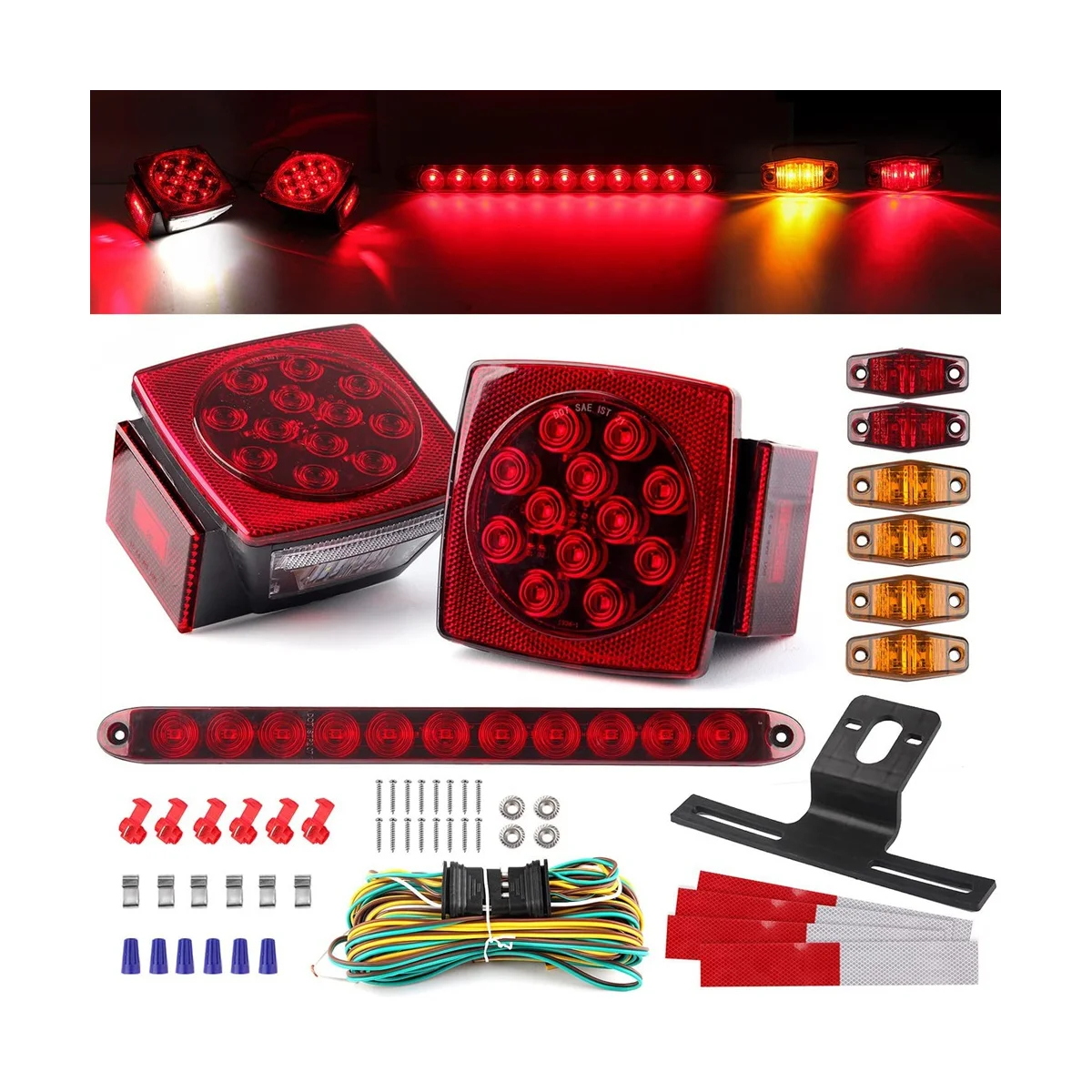 Trailer Led Light Kit, Square Led Stop Turn Tail Brake License Plate Running Lights with Wiring Harness/Marker