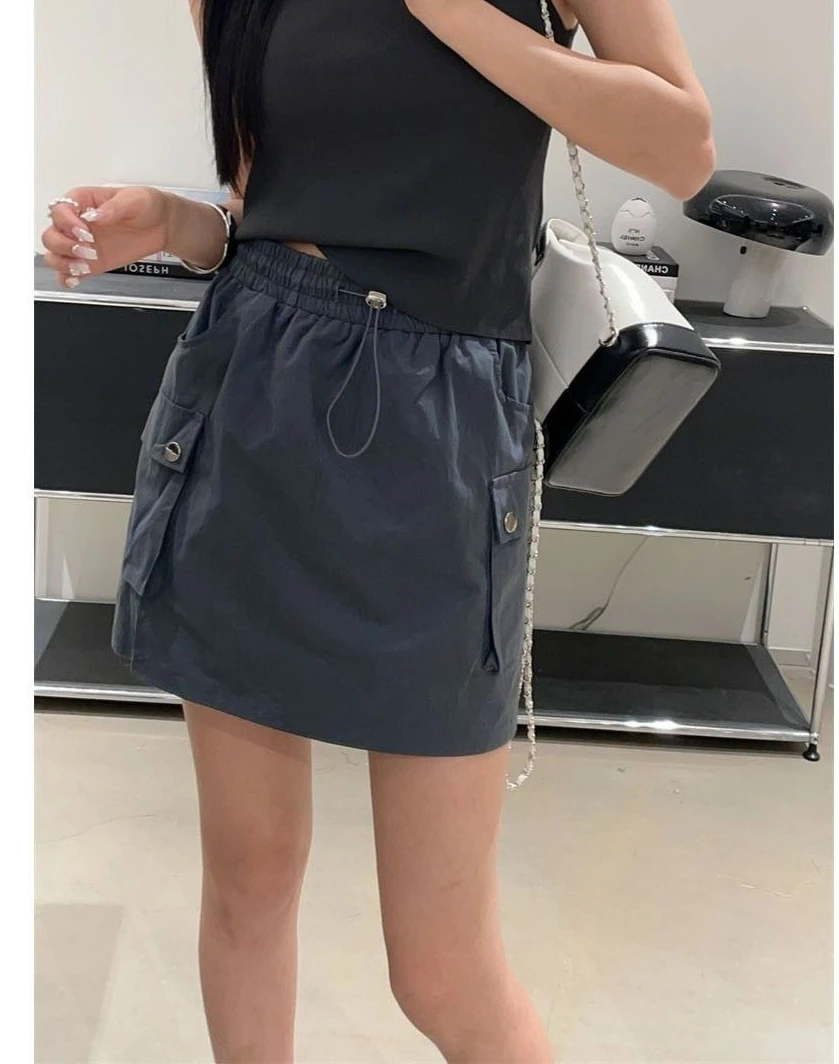 

Elastic Waist Drawstring Pockets Skirt Women's Summer New Loose Casual Cargo Skirt Y2K Bodycon Mini Skirts
