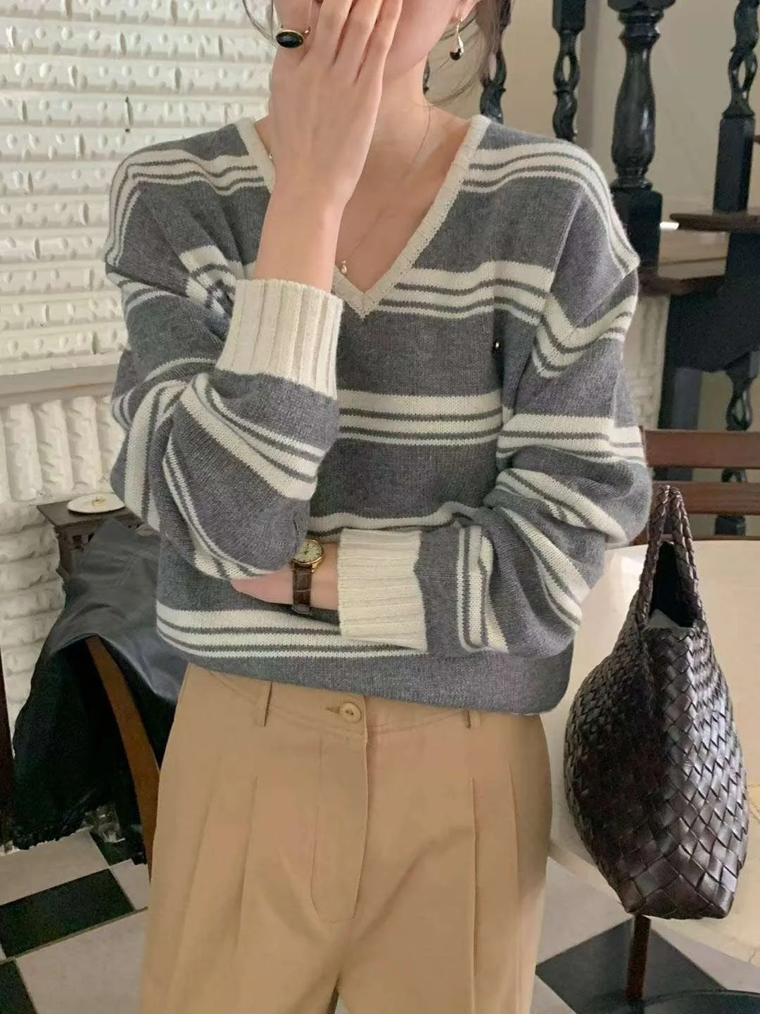 Chique herfst nieuwe vintage luie Sle V-ne kleur Blo zachte veelzijdige afslankende lange Sve gebreide trui voor dames