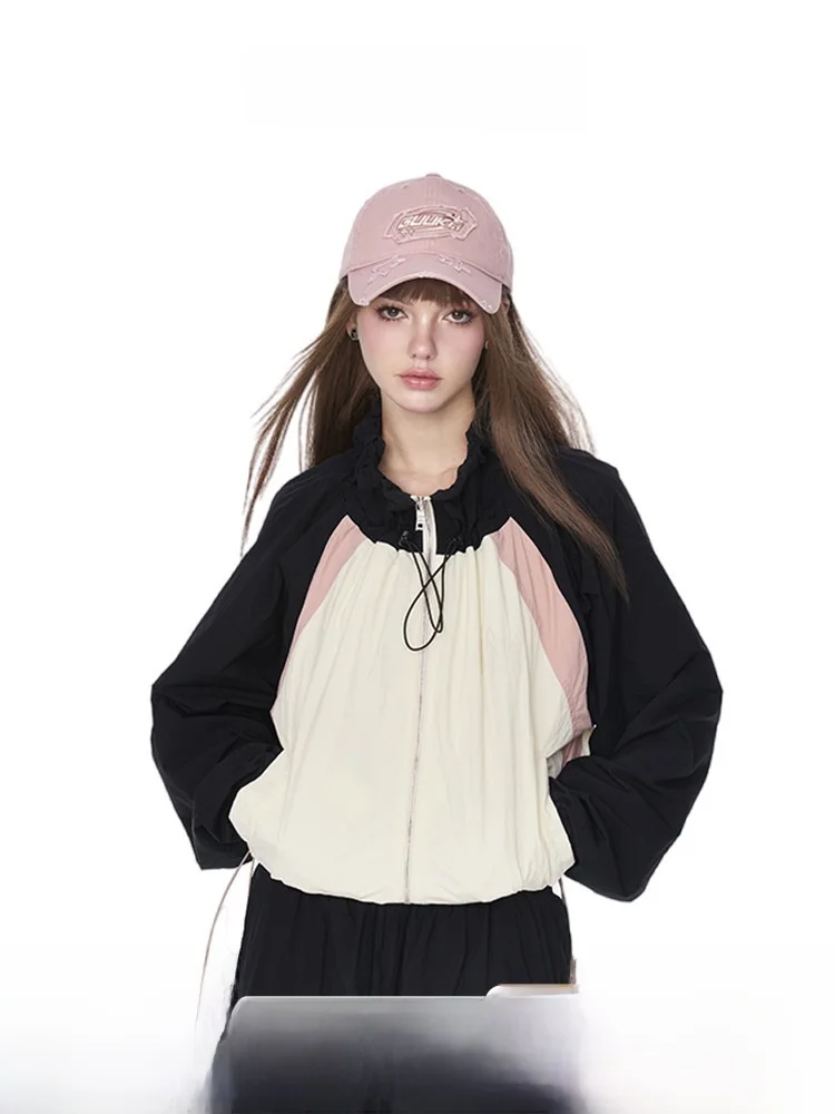 Guukahero Women's Outdoor Sports Jacket Loose Fit Zipper Closure Splice Design High Collar Autumn Season Nylon Fabric