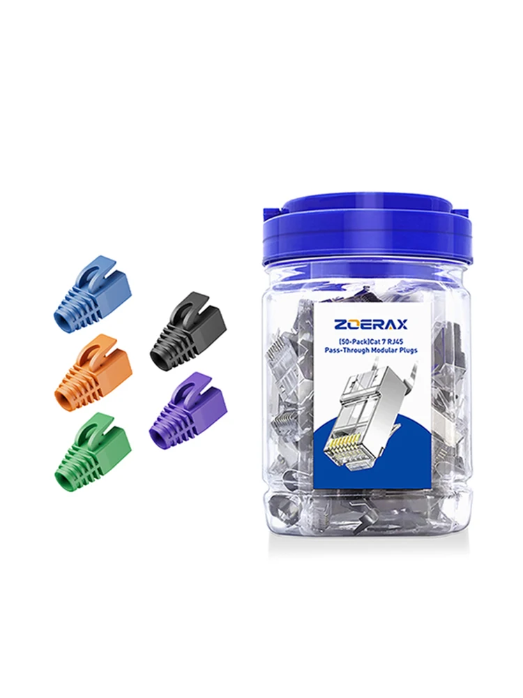 ZoeRax 50 szt. Ekranowane złącza RJ45 Cat7 Cat6A przelotowe, zestaw 3-pinowych wtyków 8P8C pozłacanych, dwuczęściowe z osłonkami odciążającymi naciąg. — zdjęcie produktu 7