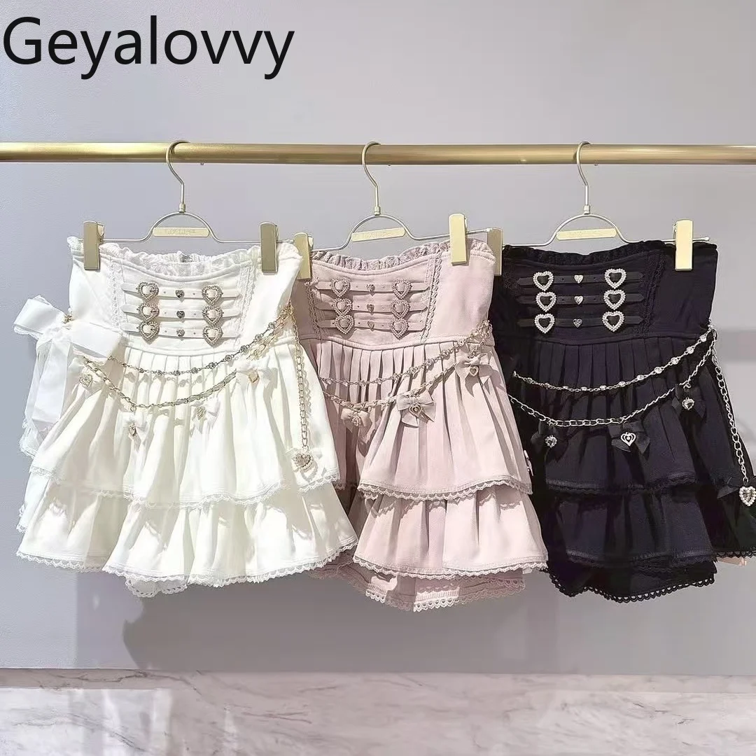 

Japanese Style Liz Sweet Cute Girls Pleated Short Skirt Summer High Waist Chain Bow Heart Buckle Mini Skirts for Women