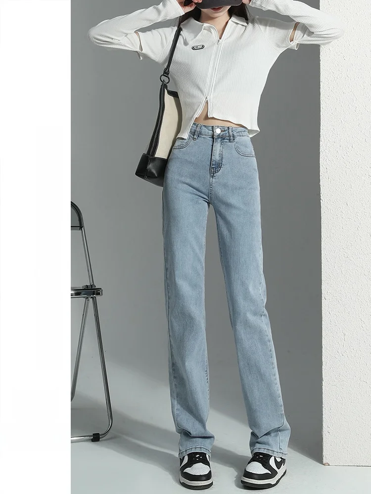 Jeans met hoge taille en rechte pijpen Dames Lente Herfst Afslanken Verlengde e-buisbroek Katoenen elastische casual broek