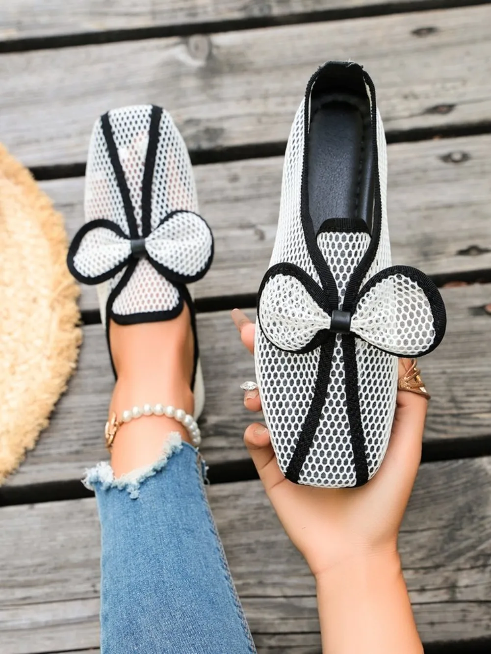 Retro Flache Schuhe Sommer Neu Quadratische Spitze Fischernetz Atmungsaktiv Hohl Ausgefallene Slip-on Baotou Halbpantoffeln Größe 42 – Detail 12