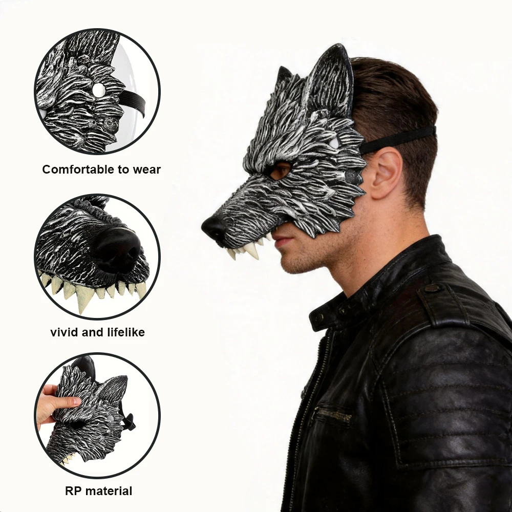 Realistische 3D-Wolfsmaske für Erwachsene, Weiches Kunstleder-Material, Ideal für Halloween-Cosplay & Maskenbälle – Detail 2