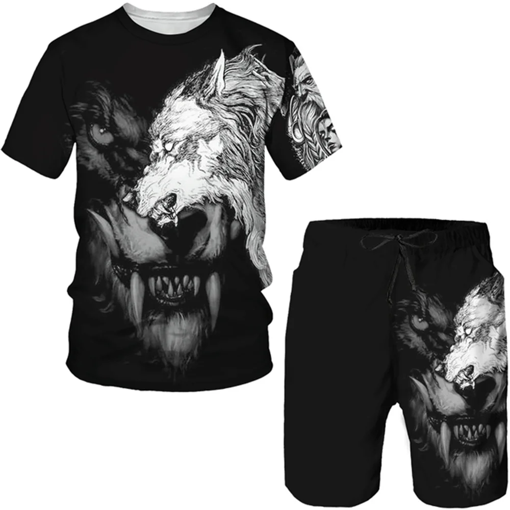 3D Wolf Print Sports Shorts Male Clothes Outfit Men's Sets Summer  Short Sleeve Tshirt Suit Fashion 2 Piece Men's Sets Tracksuit