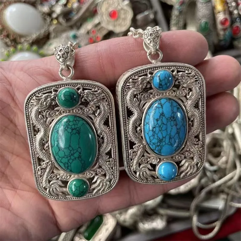 2026Retro Silver Pendant Inlaid Turquoise Sapphire Double Dragon Vintage Neck Jewelry