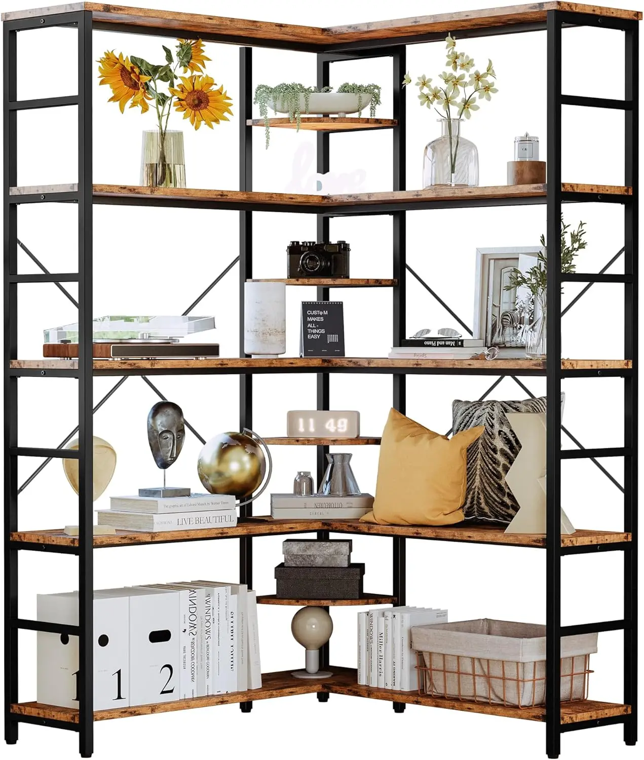 

Industrial 5-Tier Corner Bookcase, L-Shaped Shelf with Metal Frame. Curved Panels, Open Storage for Living Room/Home Office