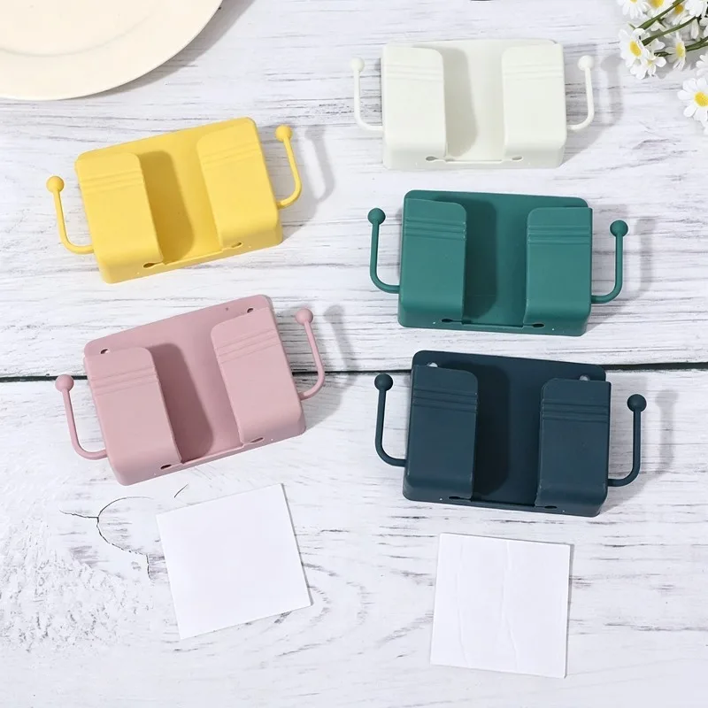 No Drill Wall Storage Rack Multicolor Remote Control Organizer Mobile Phone Charging Holder With Side Hooks For Household view 5