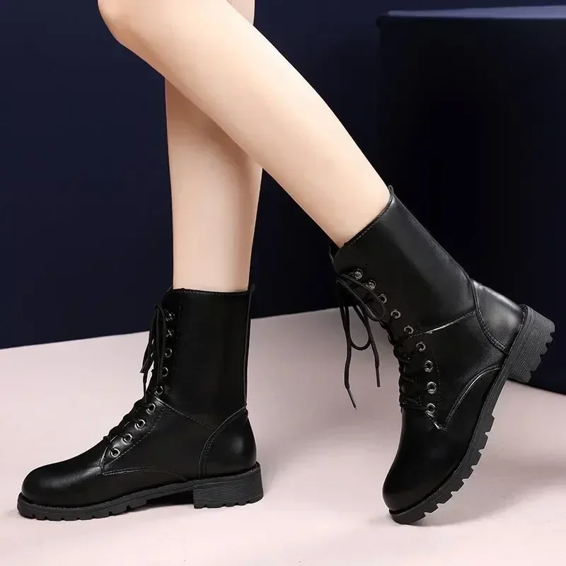 

Women's Spring Motorcycle Boots Anti-slip Wear-resistant Round Head Keep Warm Women Shoes Front Lacing Retro Outdoor Botas Mujer