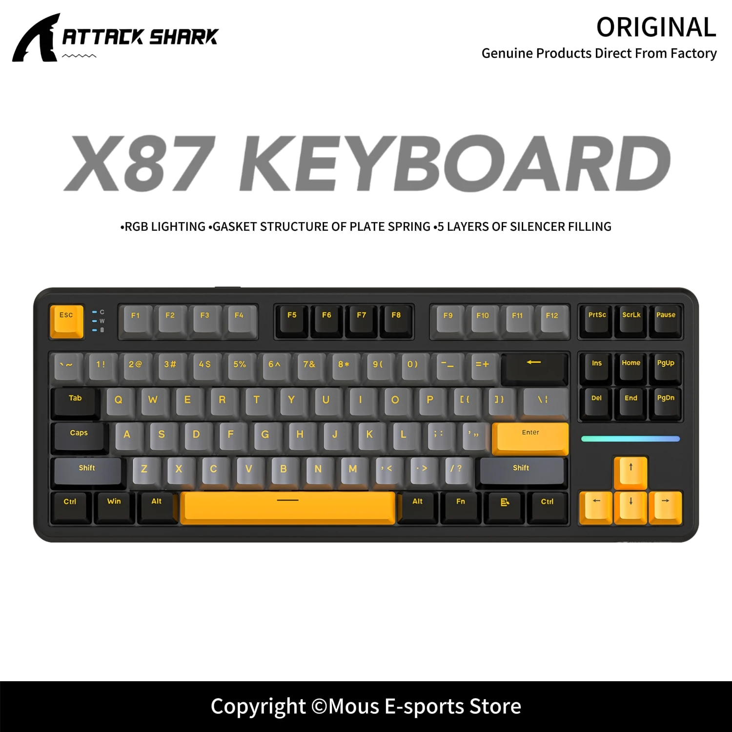 X87 ATTACK SHARK Wireless Mechanical Keyboard Gasket Structure Five-Layer Silencing Fill 4000mAh RGB Hot Swap for E-Sports
