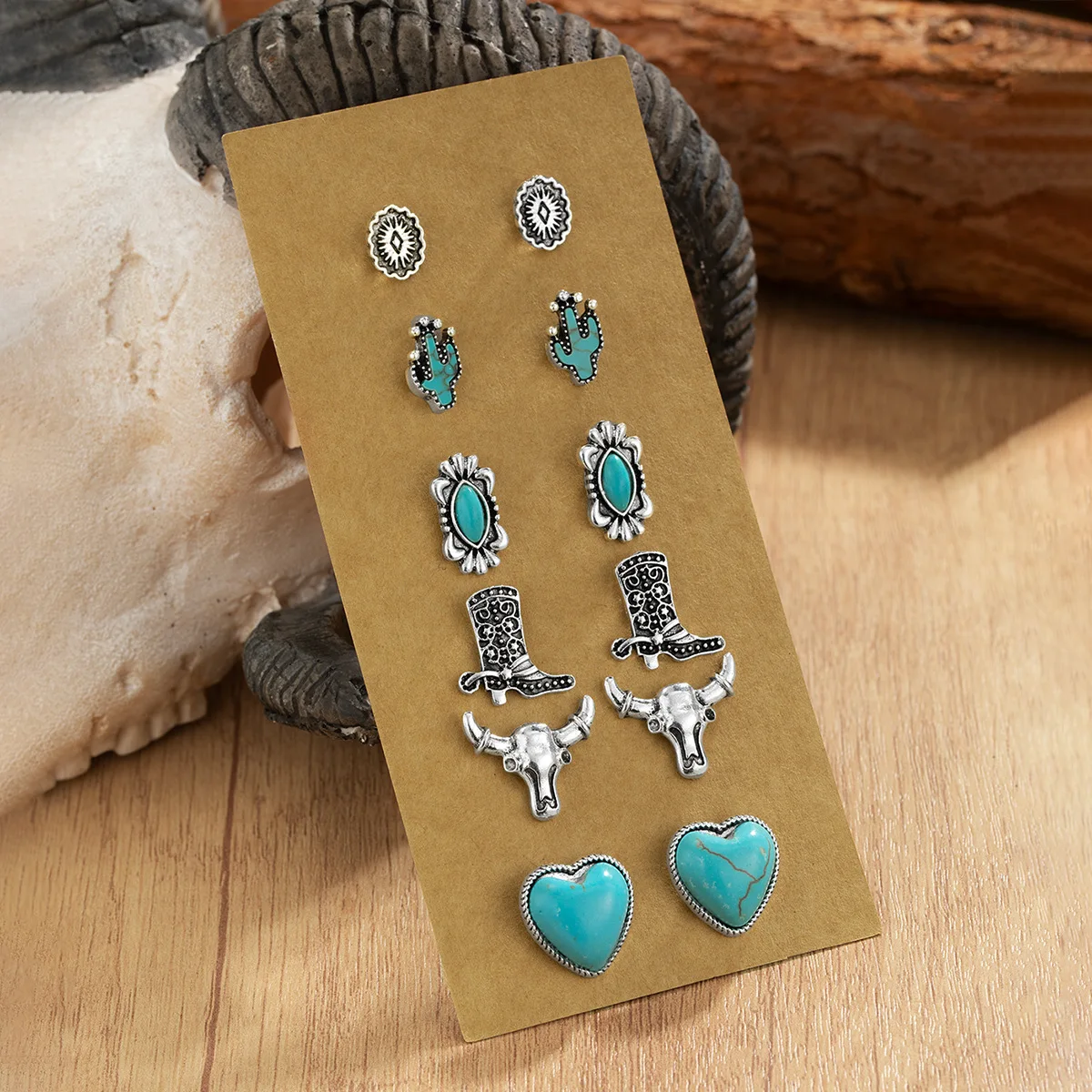 6-piece retro ethnic style turquoise flower cowboy boots cowboy hat cactus alloy earring set