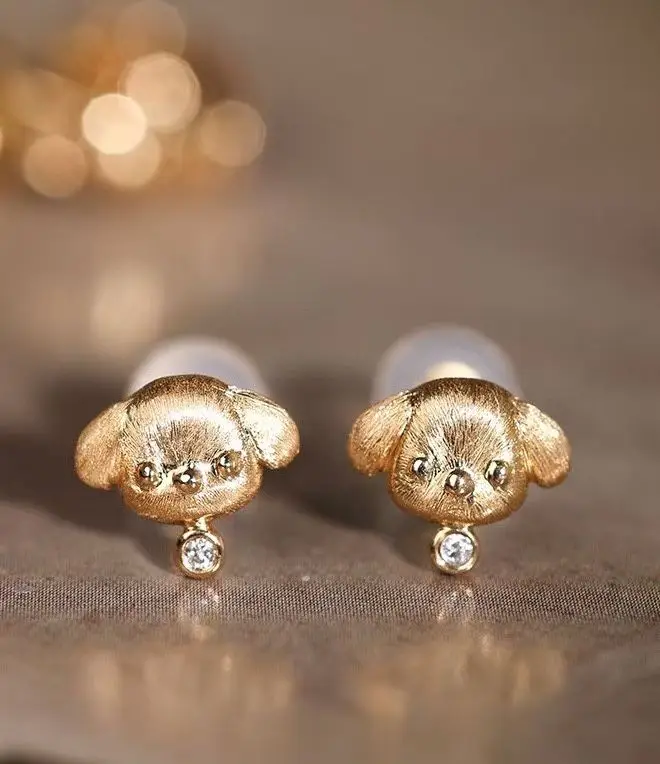 Certificate 18K Solid Gold Natural Diamond Bear Gog Panda Ear Stud Texture Engraving Rigato Handcrafted Earring Bespoke Jewelry