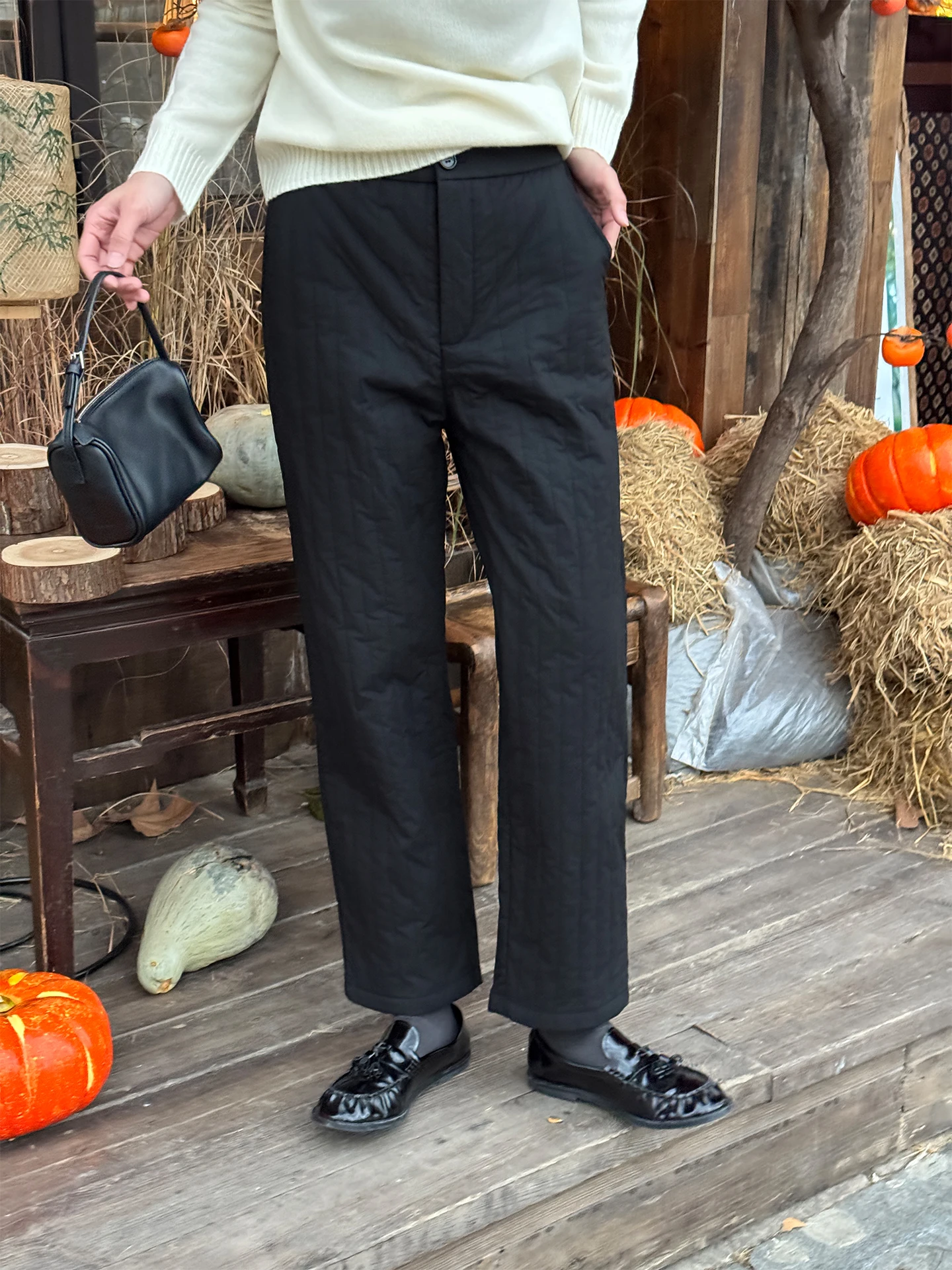 

Bla Cotton Pants for Women Commute Sle Nine-Tenths Winter New Arrival Casual Loose Fit Straight Leg Pants l Waist