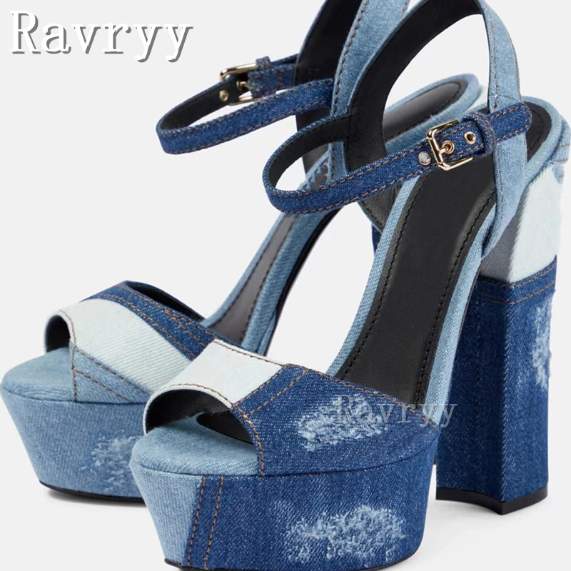 

Fashionable Denim Color Matching Sandals Round Toe Buckle Strap Thick Heels Women Shoes Summer New Super High Heels Sandals