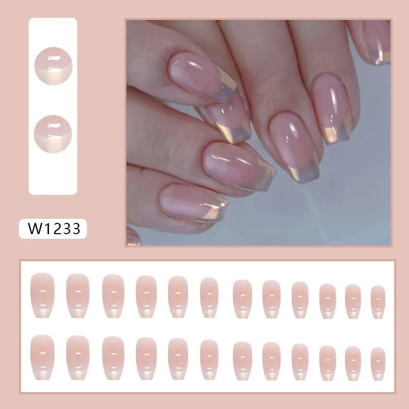 24pcs Short Ballet Blush Champagne Aurora French False Nails for Gluing Korean Cheap Medium Fake Nail Press on Finger Nail Kit