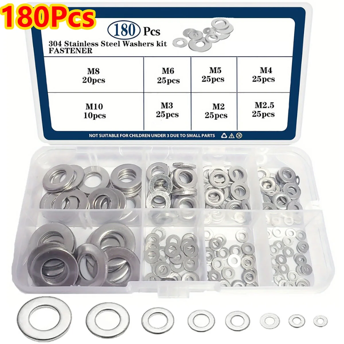 180Pcs Large Flat Washers 304 Stainless Steel Big Plain Washers Gasket M2 M2.5 M3 M4 M5 M6 M8 M10 Metal Washer Fasteners Kit DIY
