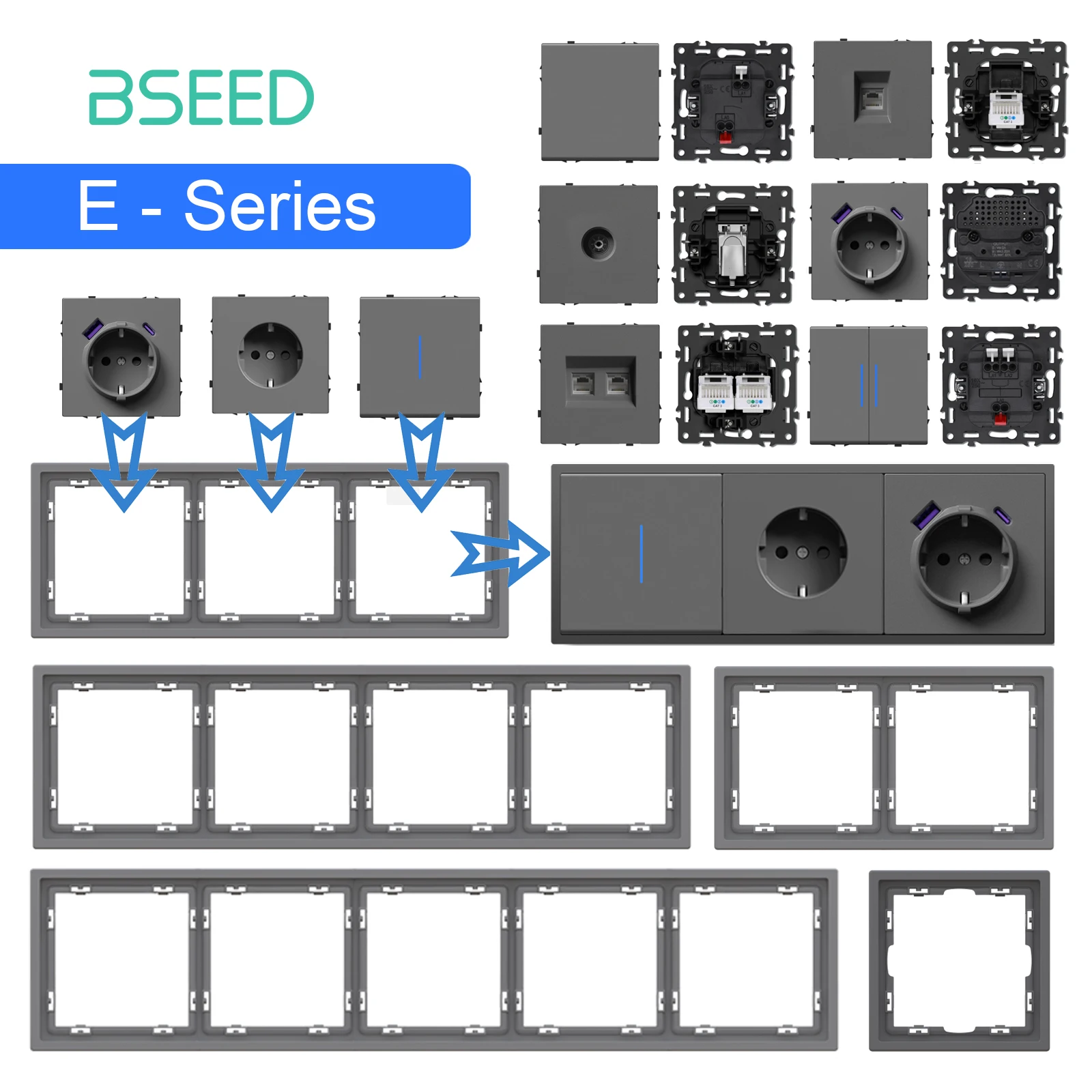 BSEED Button Switch Module USB Phone Charge Socket Parts Wall Light Switch Key Insert Plastic Frame Combination E Series Gray