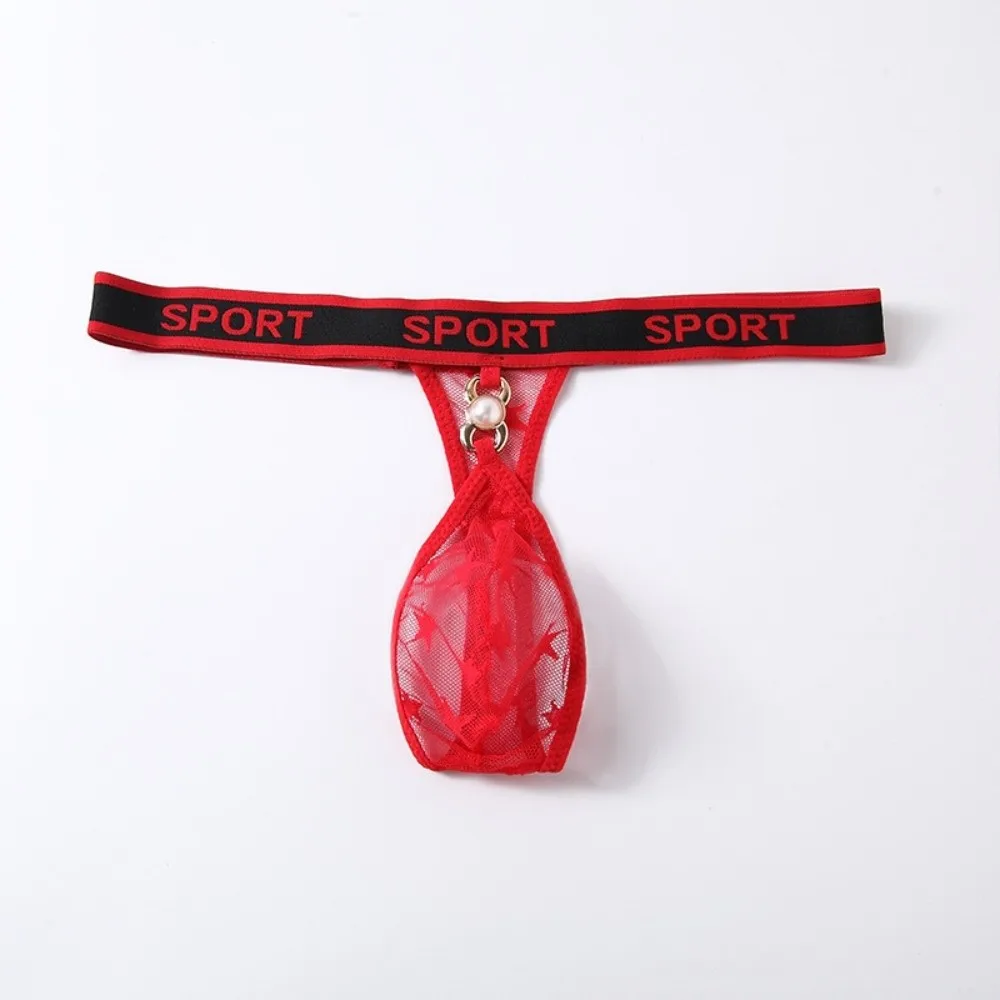 Breathable Low Waist Men Pearl Thongs Thin Strap Underpants Star Mesh Panties Solid Color Underwear Male Briefs Sports