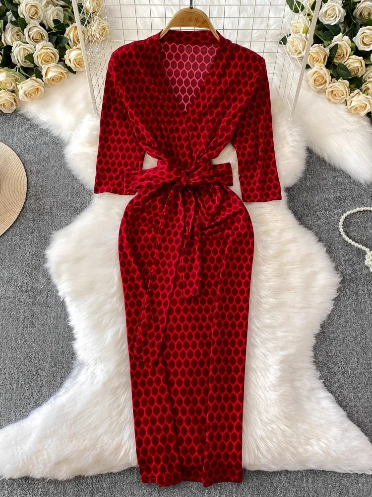 Nuevos Vestidos estampados con cuello en V para Mujer, bata ceñida De cintura alta para Mujer, Vestidos De Mujer 2025, vestido Sexy De otoño con temperamento Vintage