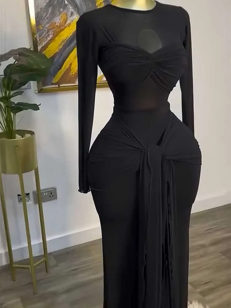 Female Clothing Transparent Bodycon Dress Long Sleeve Solid Color Women Flowy Autumn Dress Stretch Sexy Elegant Dress Ladies