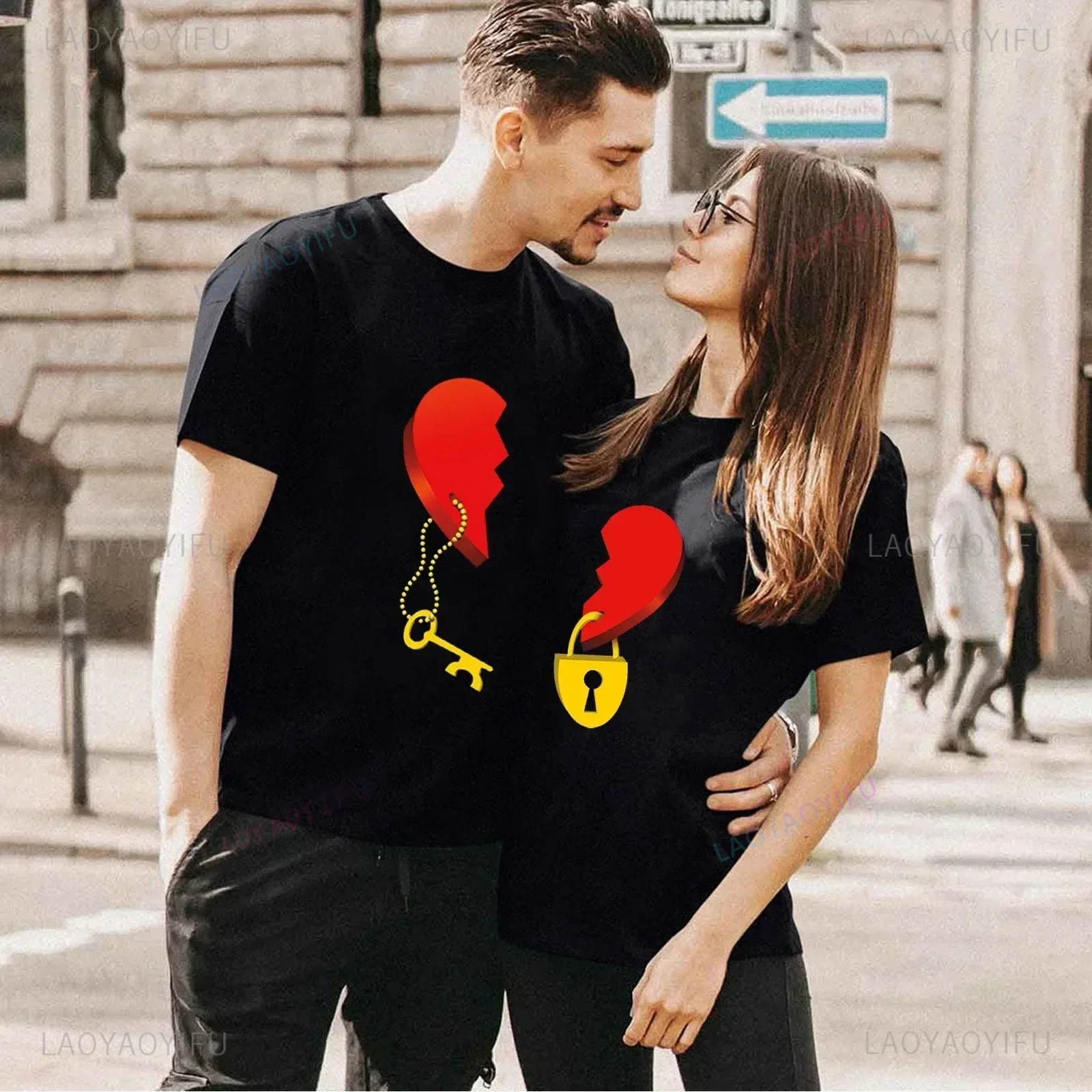 Summer King Queen Cotton T-shirt Casual O-Neck Tops Lovers Tee Shirt Couples T Shirt Heart Key Lock Mr Mrs Print Couple Tshirt