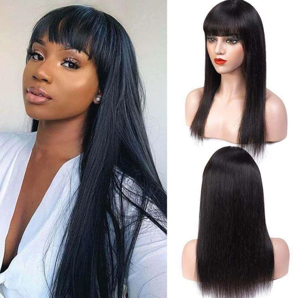 

Выделите прямые парики из натуральных волос с челкой, бразильские натуральные 100% длинные парики из человеческих волос Remy, полный машинный парик для женщин