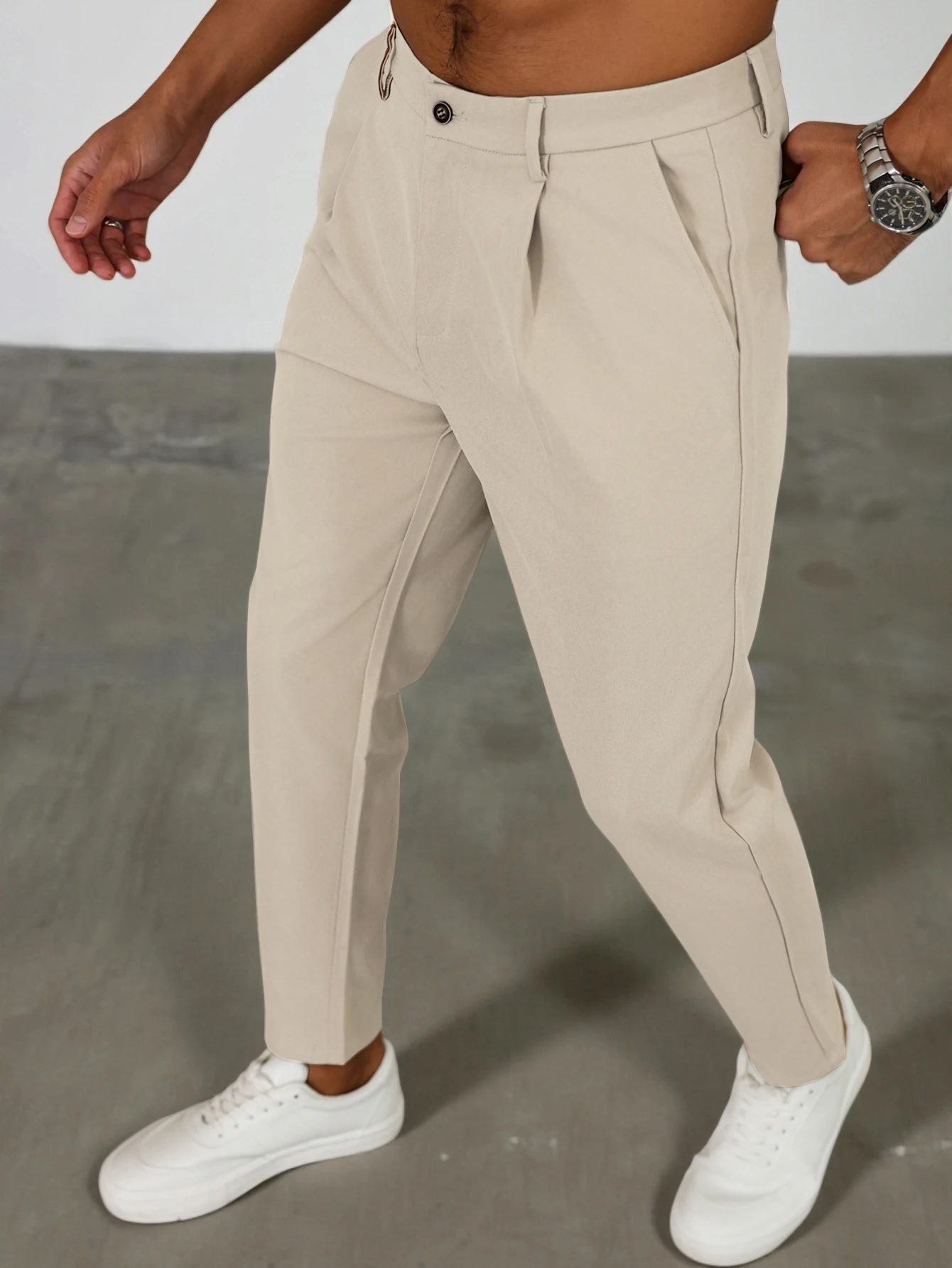 Men's Tapered Pleated Dress Pants Stretch Polyester Elastane Regular Fit Business Casual Black Beige Long Trousers