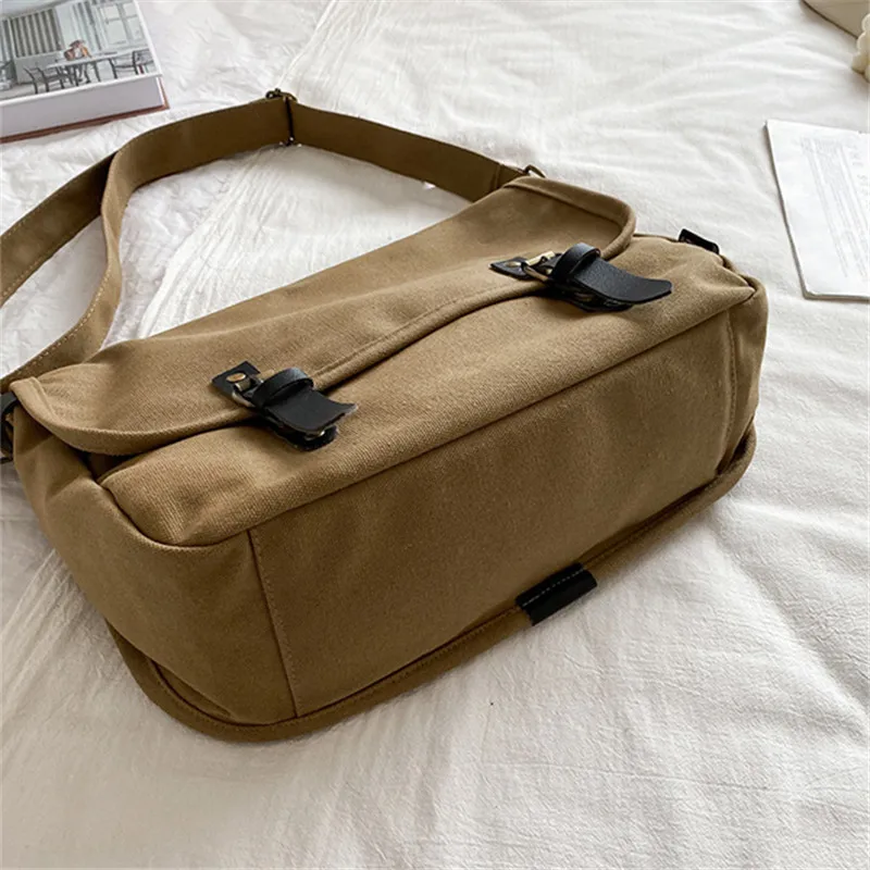 Retro Womens Shoulder Messenger Bag Mens Fashion Postman Cover Solid Color Canvas Bag Large Capacity Crossbody Bags for Women