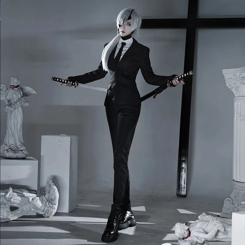 

LQAnime Quanxi Косплей Костюм Охотник Дьявола Черный Костюм Бензопила Quanxi Парик Повязка на Глаз Мужчины Женщины Карнавал Хэллоуин Вечеринка Униформа