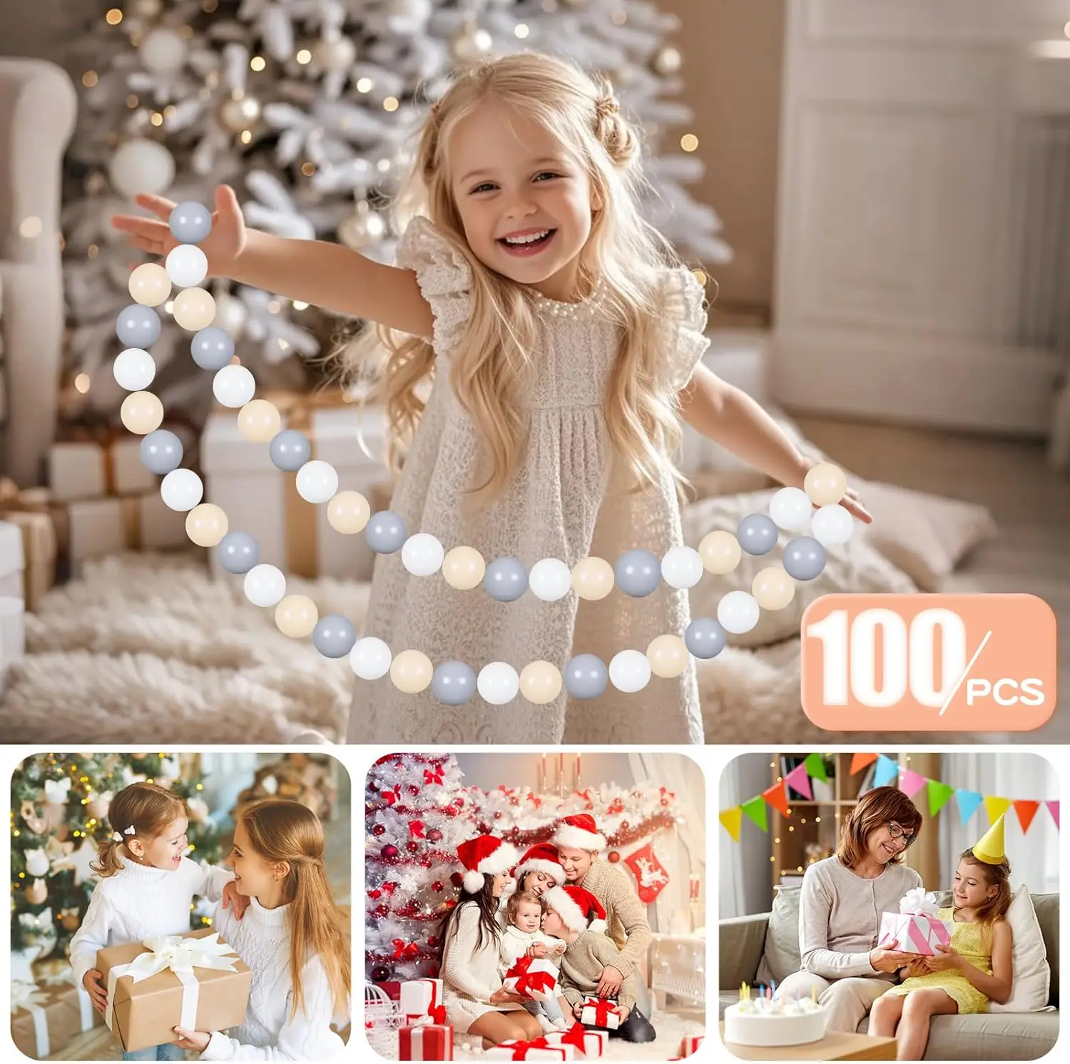 Bolas de plástico para niños pequeños, parque infantil, piscina, decoración de fiesta Pastel para bebés, color Beige, gris claro y blanco, 100 bolas