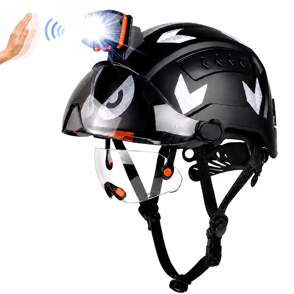 CE Hi-Vis Night Safety Helmet Led Headlamp Integrated Dual Visor Reflective Strip Vented Builder Work Cap Engineer Gear ANSI