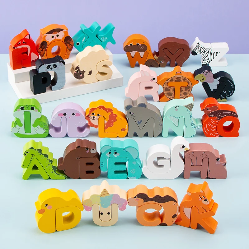 26Pcs Wooden Animal Alphabet Blocks, A-Z Letter Stacking Building Toy Set, Educational Learning Game for Kids, Birthday Christma