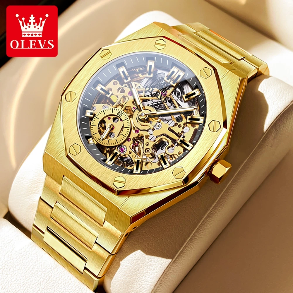 Olevs Top Luxury Automatic Mechanical Watch Business Stainless Steel Waterproof Luminous Watch Fashion Skeleton Design Men Watch