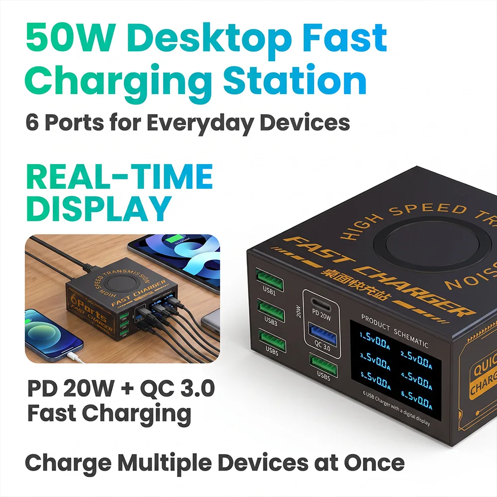 MRSVI 50W 6-Port USB-C Desktop-Ladestation mit PD20W & QC3.0, LED-Display, Schnellladung für iPhone/iPad/Samsung – Detail 2