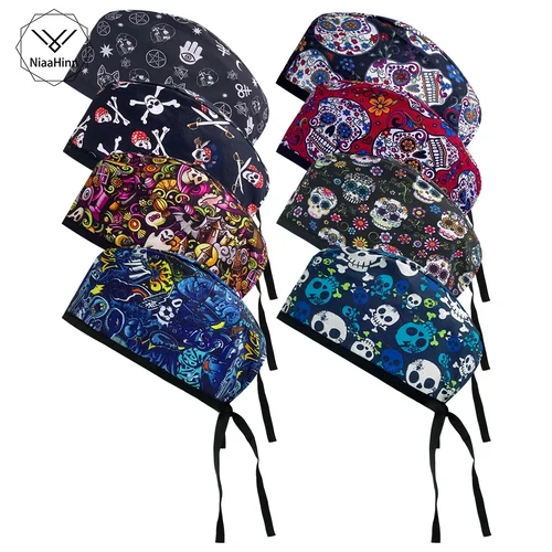 Gorro quirúrgico de algodón ajustable para hombre y mujer, gorro con estampado de calavera de terror, personalizado, a prueba de polvo, transpirable, venta al por mayor