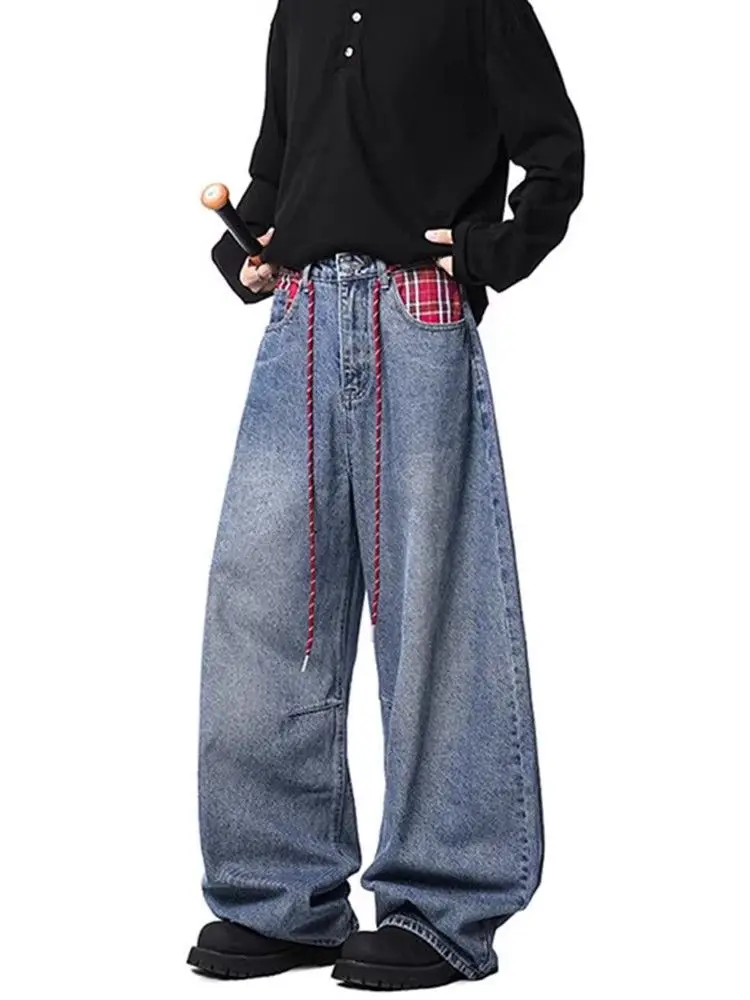 Men's Red Grid Splicing Jeans Wide Leg Sweatpants Spring Street Unisex Baggy Pants Cool Boys Curved Bottoms Male Loose Trousers