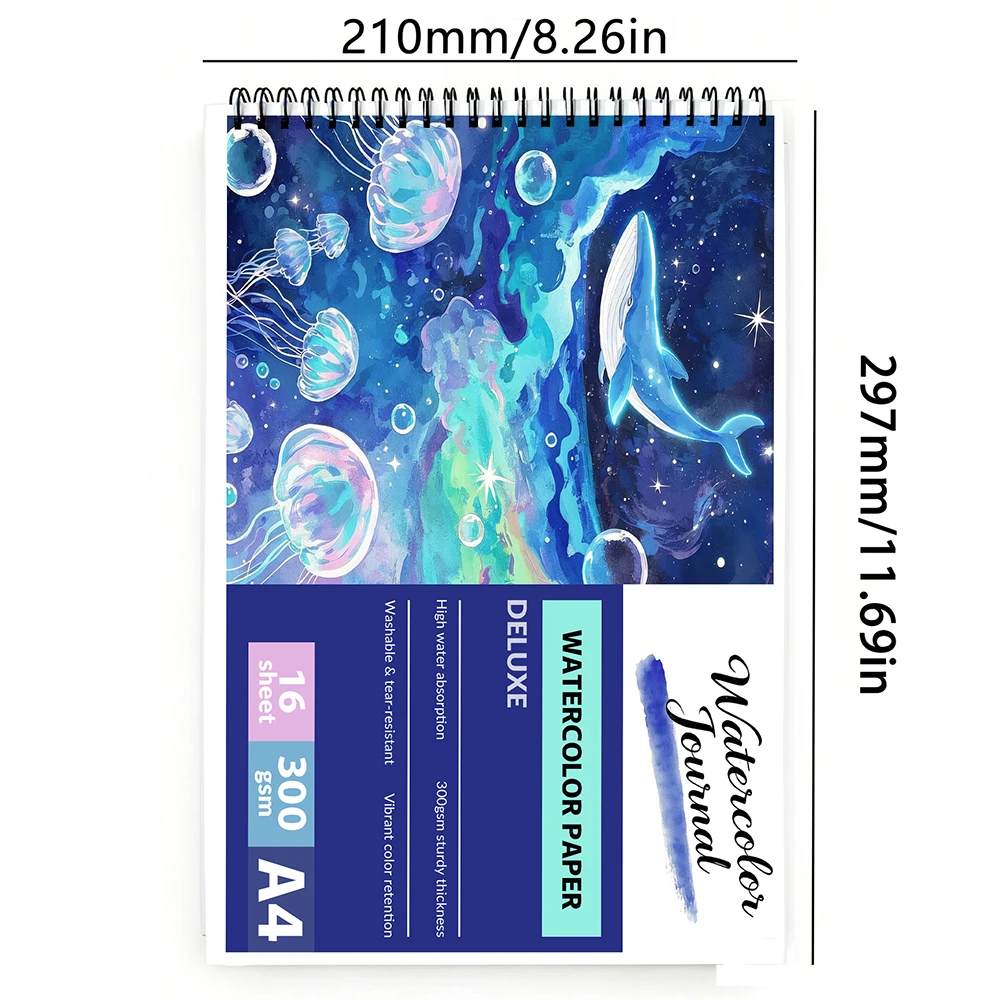 A4 Spiral Watercolor Journal, 300gsm Heavyweight Thick Paper, 16 Sheets Blank Sketchbook for Artists, Beginners & Students, Prem