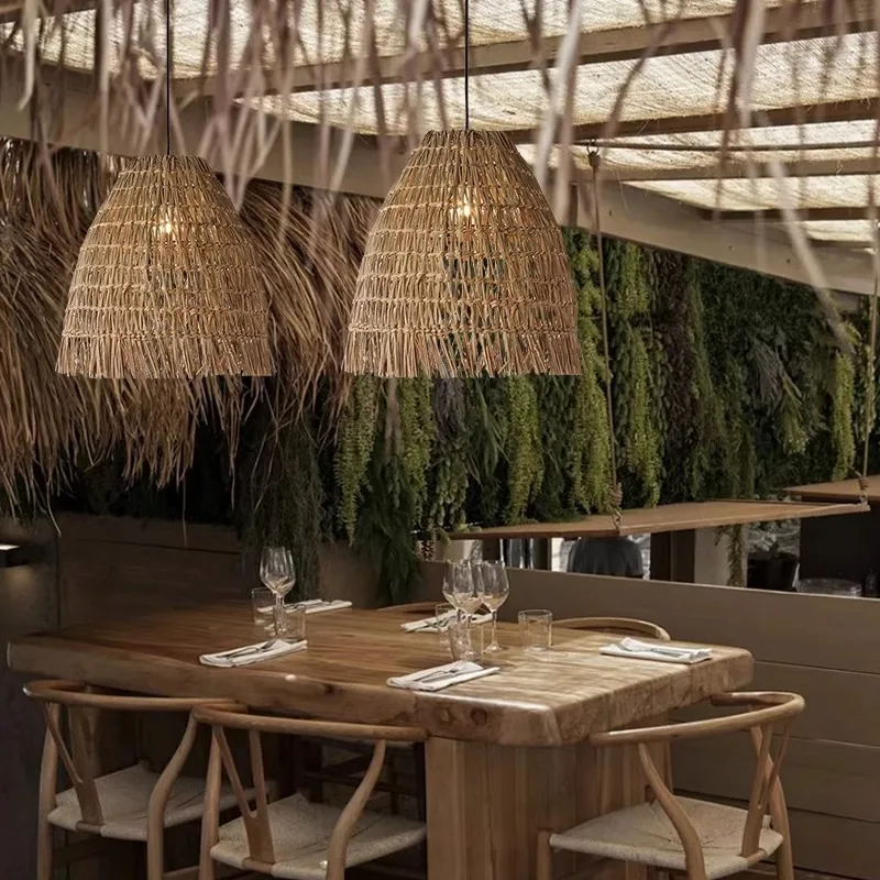 Minimalist Wabi Sabi E27 Led Chandelier Restaurant Retro Straw Round Art Lamp Study Room Bar Front