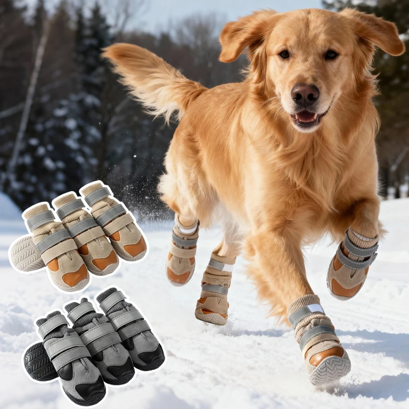 Winter Warm Dog Shoes Anti Slip Golden Retriever Bulldog Shoes Large Outdoor Lights Night Puppy Boots Velvet Double Buckles