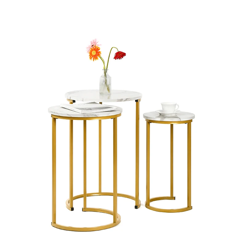

Set of 3 High Gloss White Marble Gold Legs Nesting End Tables Cheap Coffee Table Set Round Wood Stacking Side Table Bedroom