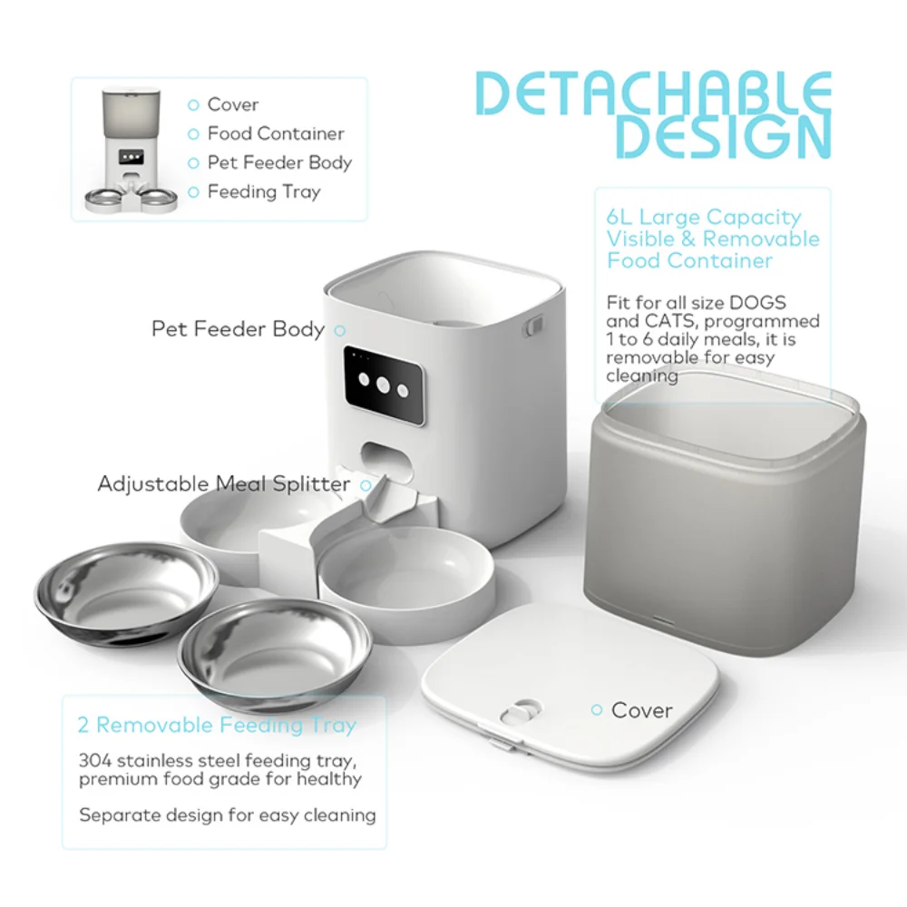 Wifi 6L Destacável Refeição Regular Auto Dog Double Bowl Telefone Controle Cat Automatic Pet Feeder APP Schedule Feeding Smart Pet Bowl