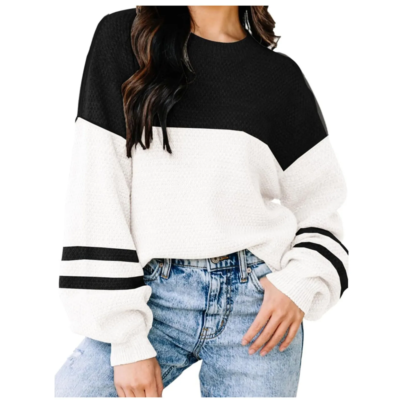 Patchwork Striped Loose Knit Sweater Women Long Sleeve Knitting Pullover Tops Streetwear New In Knitwears Autumn Winter Sweaters