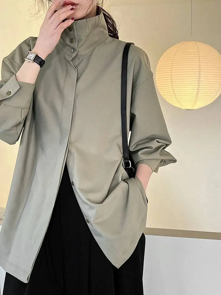 

Women Green Brief Elegant Big Size Blouse New Stand Collar Long Sleeve Shirt Fashion Tide Spring Autumn
