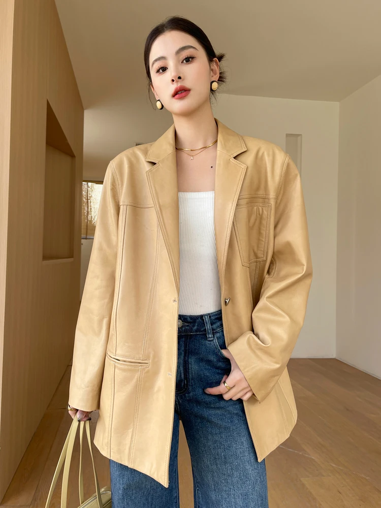 

Casual Genuine Leather Blazer Jackets Women Spring Autumn Simple Loose Mid-length Real Sheepskin Coat jaqueta feminina de couro